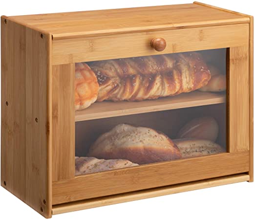 HollyHOME Large Double Layer Bread Box: Bamboo BreadBox Clear Window-Farmhouse Style Bread Holder for Kitchen Countertop Bread Storage Bin Holds 2 Loaves (Self-Assembly) 15.8"x 12.2"x 6.8