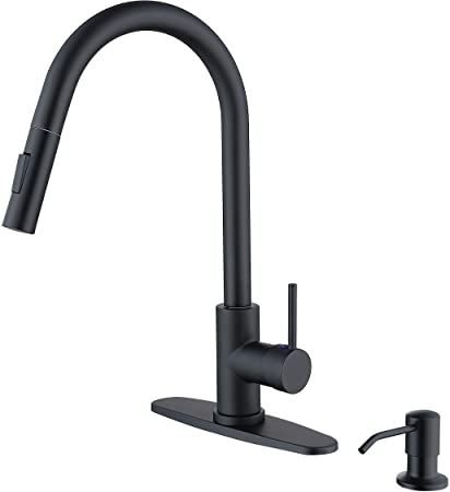RKF Pull Down Kitchen Faucet with Sprayer,Single Handle High ArcPull Out Spray Head Kitchen Sink Faucets with Deck Plate and dispenser,Matte Black,PD01-T130/MB