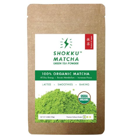 Shokku Organic Japanese Matcha Green Tea Powder (4 Oz, FDA 100% Organic) Whisk Encha for Natural Instant Energy in Lattes, Ice Cream, Milk, Smoothies, Baking and Drinking - Product of Japan