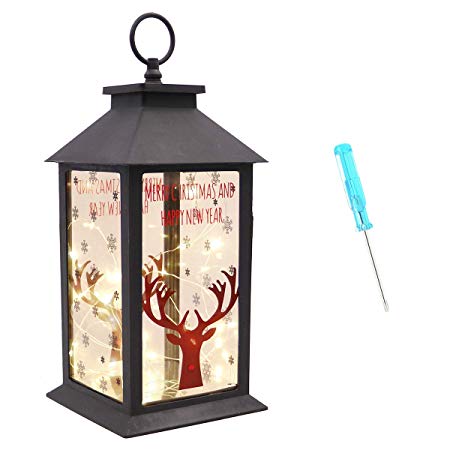 Decorative Lanterns for Indoor 14" Hanging Black Lanterns with 20 LED Fairy String Lights Battery Operated Tabletop Led Light with Snowflake and Elk Glass