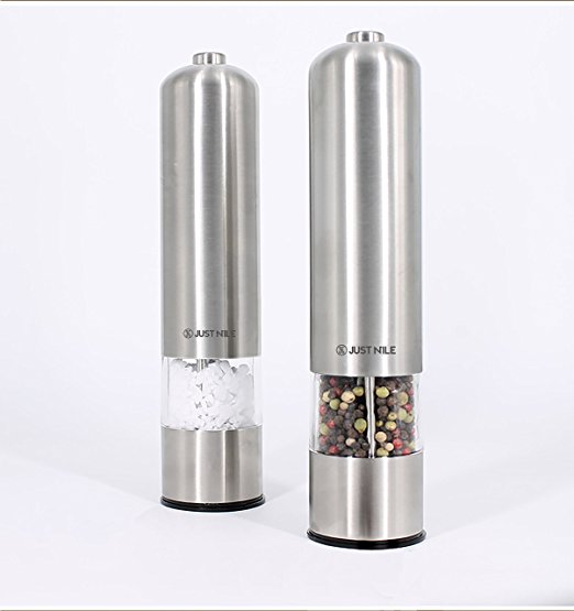 JustNile Electric Battery Operated Stainless Steel Salt and Pepper Mill Set (Pack of 2) with Ceramic Grind & LED Light, Adjustable Coarseness; Electronic Automatic Spices & Grains Grinder with Brushed