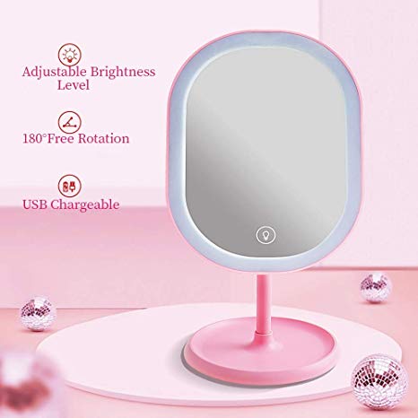 GYTF Makeup Mirror with LED Lights, Adjustable Brightness Portable Cosmetic Mirror, 180 Degree Free Rotation Tabletop Vanity Mirror(Pink)