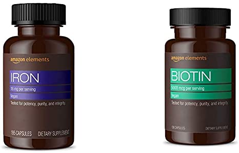 Amazon Elements Iron 18mg, Vegan, 195 Capsules, 6 Month Supply & Biotin 5000 mcg, Vegan, 130 Capsules (4 Month Supply)