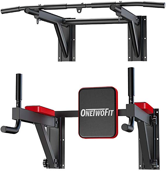 OneTwoFit Multifunctional Wall Mounted Pull Up Bar Power Tower Set Chin Up Station Home Gym Workout Strength Training Equipment Fitness Dip Stand Supports to 330 Lbs