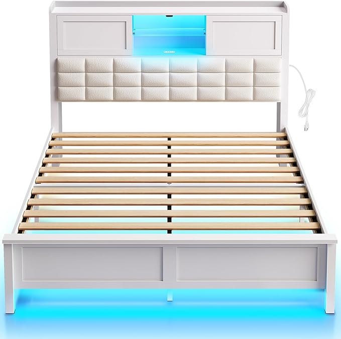 Rolanstar Bed Frame Full Size with Charging Station, Bookcase Headboard Bed with LED Light and Sliding Doors, Platform Bed with Wooden Slats, No Box Spring Needed, Noise Free, White