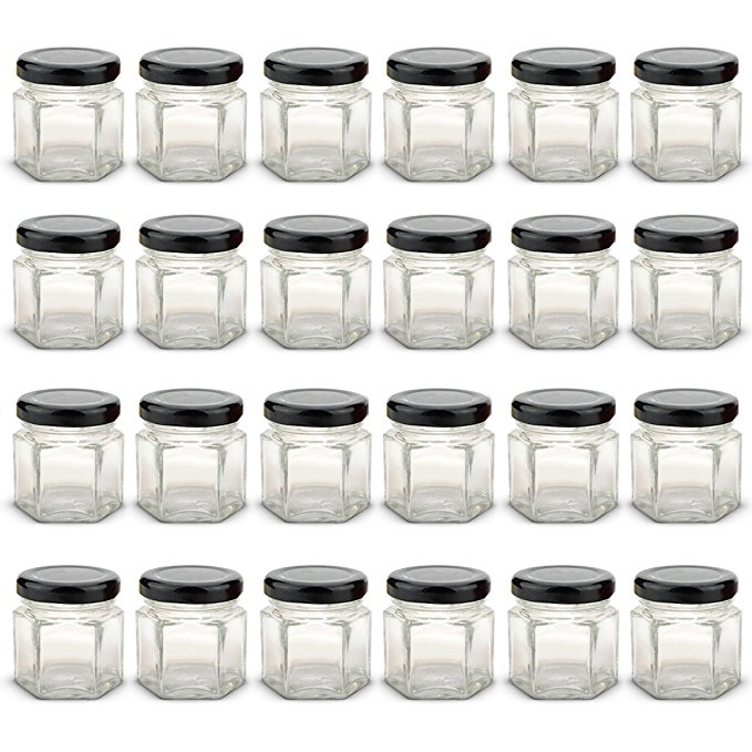 1.5 oz Hexagon Mini Glass Jars with BLACK Lids and Labels (Pack of 24)