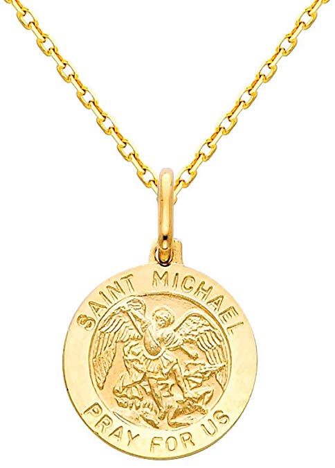 The World Jewelry Center 14k Yellow Gold Religious Saint Michael Medal Pendant with 1.2mm Cable Chain Necklace