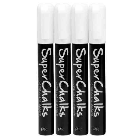 SuperChalks White Liquid Chalk Marker Pens 4-Pack - 4mm Reversible Tip - ONLY SUITABLE FOR NON POROUS SURFACES