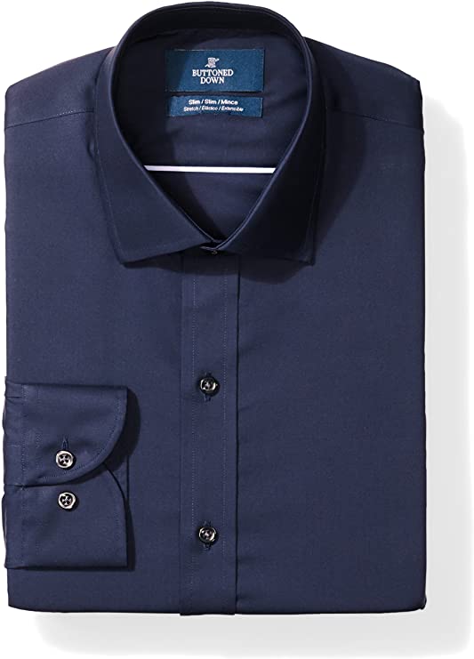 Amazon Brand - Buttoned Down Men's Slim Fit Stretch Poplin Dress Shirt, Supima Cotton Non-Iron, Spread-Collar