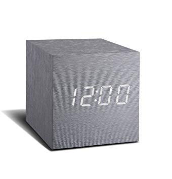 Aluminium Cube Click Clock with White display showing Time/Date/ Temperature