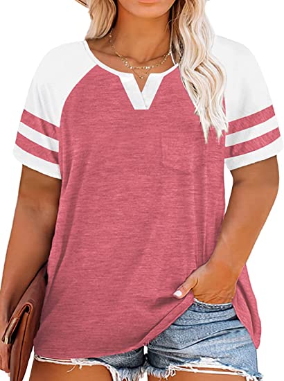 VOGRACE Women-Plus-Size-Tops Summer V Neck T Shirts Striped Raglan Tunics Tee