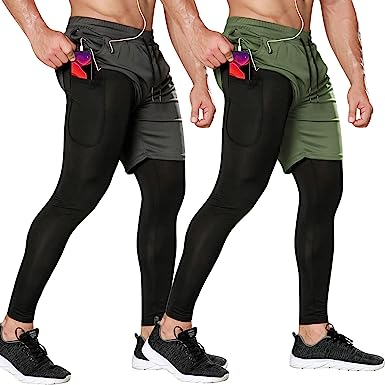 Odoland 2 Pack Mens Compression Running Pants, 2 in 1 Quick Dry Athletic Workout Sweatpants Shorts Gym Leggings with Pocket