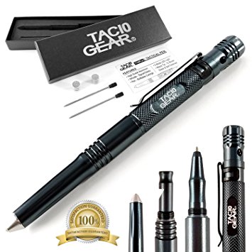 TAC10 GEAR Tactical LED Flashlight Pen - 2 Light Modes   Glass Breaker - Self Defense Tip   Alert Whistle   2 Sets Of Batteries   Extra ink   Gift Box (QTY 1, Black)