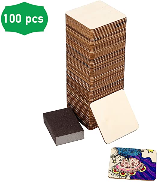 100 Pc Set of Unfinished Wood Squares Measure 4x4x0.1 Inch (10x10x0.25cm) with Bonus Sander | DIY Arts and Crafts Projects, Painting, Woodburning, Signs and More | Wood Pieces are Smooth and Durable