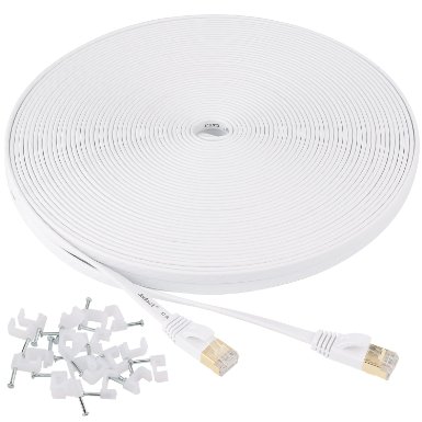 Cat7 Ethernet Cable Flat with clips, jadaol® Ethernet Patch Cable with Snagless Shielded (STP) Rj45 Connectors - 100 Feet White (30meters)