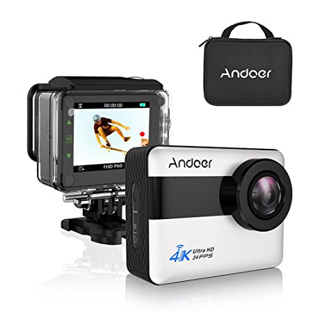 Andoer 4K WiFi Action Camera 2.31-inch Full HD LCD Touchscreen with 20MP Novatek 96660 Chipset Suppport Gyroscope Anti-Shake 5X Zoom, 170 Wide-Angle Lens and Waterproof Hard Case