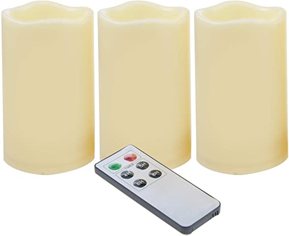 3 Waterproof Outdoor Battery Operated Flameless LED Pillar Candles with Remote Timer Flickering Plastic Resin Electric Night Lights Lantern Patio Garden Home Decor Party Wedding Decorations 3x5 Inches