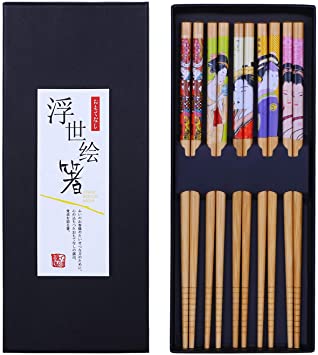 Antner Bamboo Chopsticks Gift Set 5 Pairs Reusable Natural Bamboo Chopsticks with Box, Decorated Japanese Style