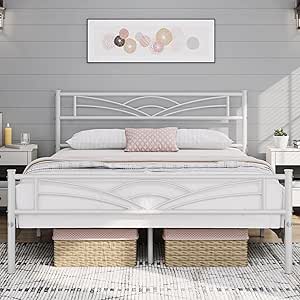 Yaheetech Queen Size Bed Frame Metal Platform Bed Mattress Foundation with Cloud-Inspired Design Headboard/Footboard/Ample Under Bed Storage/No Box Spring Needed/Queen Size White