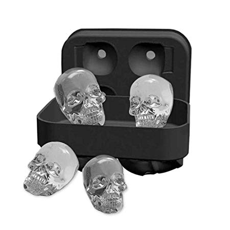 Skull 4 Ice Cube Mold Silicone Tray Skulls, 4 3D Skulls, Leak Free, BPA Free Silicone Ice Cube Maker, Whiskey Ice, Chocolate, Soap and Bath Bomb Molds
