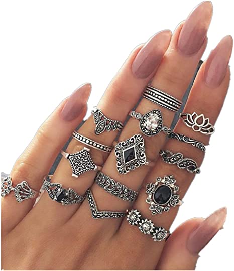 Carved Flower Ring,15pcs Vintage Women Mid Ring Set Knuckle Ring Set Sterling Silverbohemian Rings Set (A)
