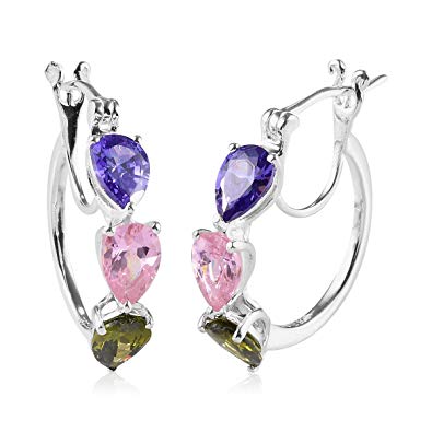 925 Sterling Silver Huggie 3 Stone Valentine Heart Hoops Hoop Earrings for Women Pear Cubic Zirconia CZ Hypoallergenic Jewelry Ct 5.4 (Multi/Purple)