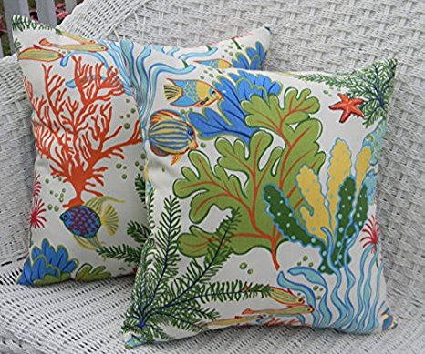 Set of 2 - Indoor / Outdoor 20" Square Decorative Throw / Toss Pillows - Splish Splash Tropical Fish / Coral Reef