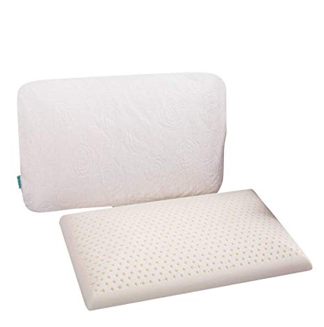 Slim Sleeper - Natural Latex Foam Pillow, Thin, Ventilated, Low Profile, Anti Mite, Anti- bacterial, Orthopaedic, Anti- Dust, for Neck Pain Sufferer, Stomach Sleepers (white elegant, 16" x 24" x 2.75"