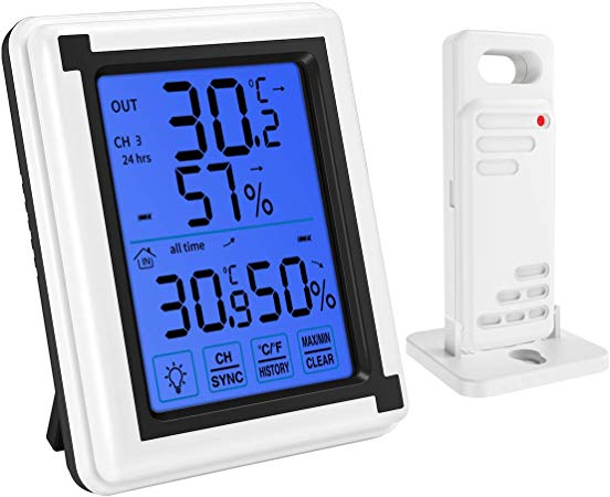 KeeKit [2019 New] Indoor Outdoor Thermometer, Wireless Temperature Humidity Monitor, Digital Hygrometer Gauge Meter with Touch LCD Backlight, MAX/MIN Record for Home, Office, Baby Room