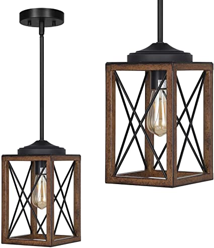 DEWENWILS Farmhouse Pendant Light, Metal Hanging Light Fixture with Wooden Grain Finish, 48 Inch Adjustable Pipes for Flat and Slop Ceiling, Kitchen Island, Bedroom, Dining Hall, E26 Base, ETL Listed