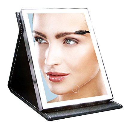 JOJOO 30 LED Lighted Vanity Makeup Mirror Touch Screen Rechargeable Foldable Portable Travel Desktop Cosmetic Mirror, PU Leather Black BP004B