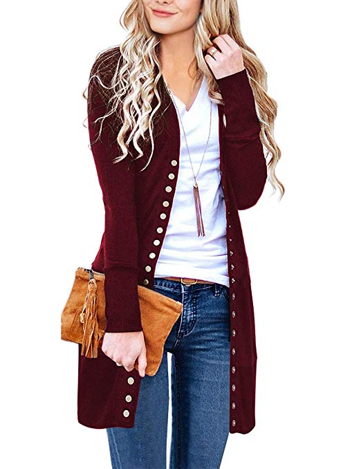 MEROKEETY Women's Long Sleeve Snap Button Down Solid Color Knit Ribbed Neckline Cardigans