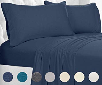 Posh Home Jersey Knit Ultra Soft Lightweight Cotton T-Shirt Comfortable Breathable Cooling Cozy Unisex All-Season Bed Sheet Set Easy Care (Queen, Navy)