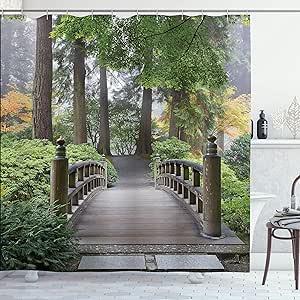 Ambesonne Japanese Shower Curtain, Foggy Morning Wooden Bridge at Japanese Garden with Trees in Autumn Image, Cloth Fabric Bathroom Decor Set with Hooks, 69" W x 70" L, Taupe Green