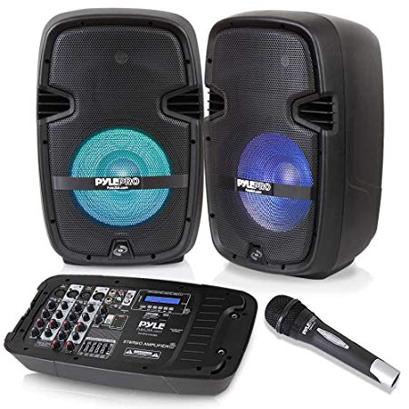 PA Speaker DJ Mixer Bundle - Portable Wireless Bluetooth Sound System with USB SD  XLR 1/4" RCA Inputs, LED Lights - Dual Speaker, Mixer, Microphone, Stand, Cable - Home / Outdoor - Pyle PPHP210AMX