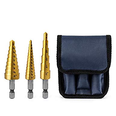 QWORK 3 Pcs Titanium Step Drill Bit Set with Storage Bag,Hex Shank 28 Sizes 1/8" - 3/4"