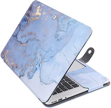 MOSISO Compatible with MacBook Air 13 inch A1466 / A1369 (Older Version Release 2010-2017), PU Leather Book Folio Protective Stand Cover Sleeve, Mint Blue Marble