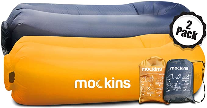 Mockins 2 Pack Navy & Saffron Inflatable Lounger Hangout Sofa Bed with Travel Bag Pouch The Portable Inflatable Couch Air Lounger is Perfect for Music Festivals Or Camping Accessories