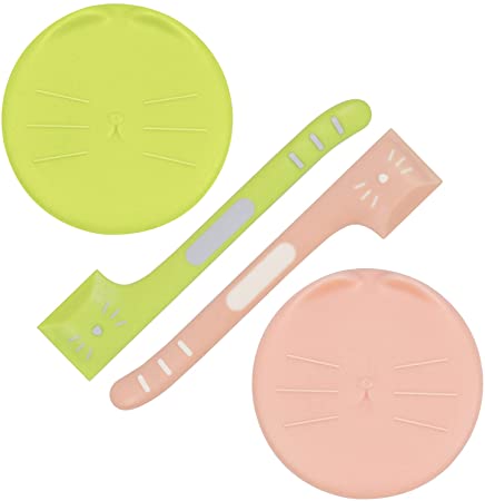 SLSON Pet Food Can Lids, 2 Pack Pet Food Can Cover with Spoon Cute Kitten Pattern Can Cover Dog Cat Food Can Lids Universal 1 Fit 3 Standard Size, Green and Pink