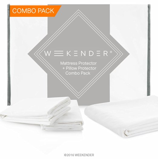 WEEKENDER Combo Pack Hypoallergenic Waterproof Mattress Protector   2 Pillow Protectors - Bed Protection Set - Queen