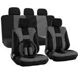 OxGord 17pc Set Flat Cloth Mesh Gray and Black H Stripe Seat Covers Set - Airbag Compatible - Front Low Back Buckets - 5050 or 6040 Rear Split Bench - 5 Head Rests - Universal Fit for Car Truck Suv or Van - FREE Steering Wheel Cover