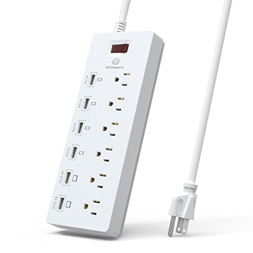 Witeem 6 AC Outlets Surge Protector Power Strip and 6 USB Charging Ports with 6 Feet Extension Cord for Home, Hotel, Office - White