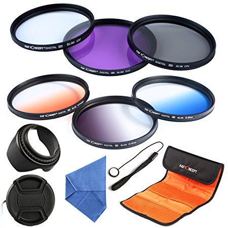 62mm Filter, K&F Concept 62mm Lens Accessory Filter Kit UV Protector Circular Polarizing Filter for Sigma Tamron Sony Alpha A57 A77 A65 DSLR Cameras - Includes Filter Kit( UV CPL FLD,Graduated Color Blue,Orange,Gray)   Microfiber Lens Cleaning Cloth   Petal Lens Hood   Center Pinch Lens Cap/Cap Keeper   Filter Bag Pouch