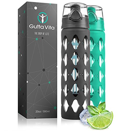 20 oz Glass Water Bottle Fruit Infuser with Silicone Sleeve - Perfect as Yoga Water Bottle for Hiking Gym or any Sports - BPA-Free Fruit Infused Water Bottle with Flip Top (Grey)