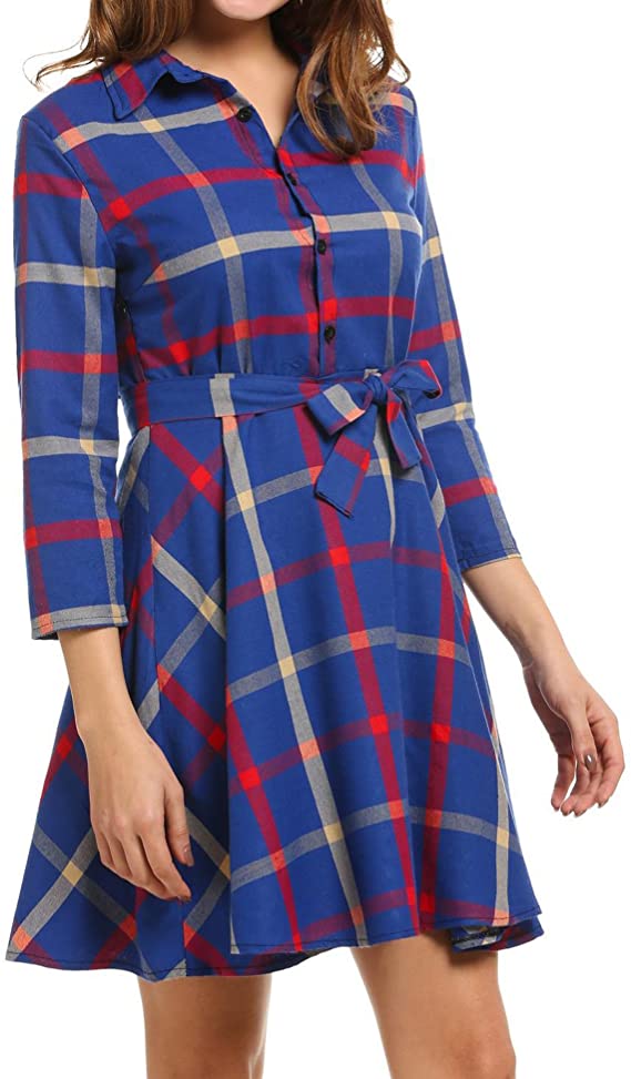 Sexyfree Women Lapel 3/4 Sleeve Plaid Belted Casual A-line Swing Shirt Dress