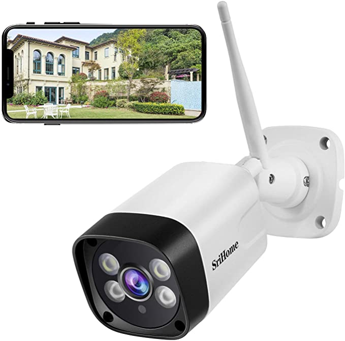SriHome Security Outdoor Camera Wifi, 1296P FHD CCTV IP Camera with Light Color Night Vision, Waterproof Wired Home Surveillance Camera PIR Motion Detection, 2-Way Audio, Support PC Android iOS