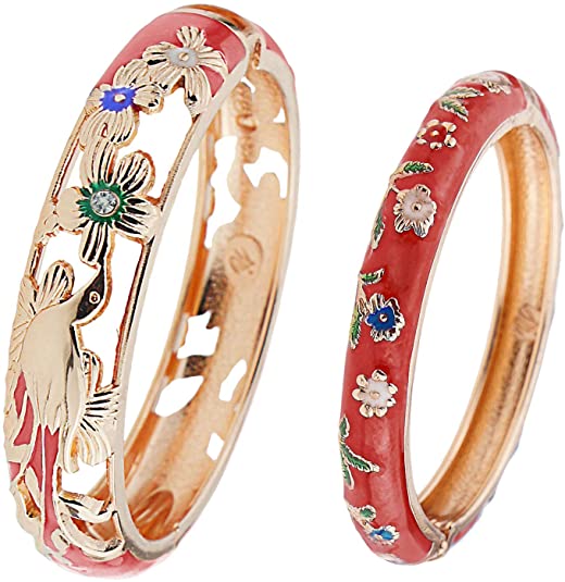 UJOY Girls Women's Bracelets Jewelry Colourful Enameled Flower Birds Hinged Bangles Set as Gifts 55D25-88A31