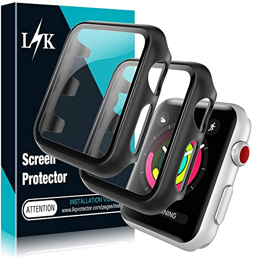 LϟK 2 Pack Case Built-in Tempered Glass Screen Protector for Apple Watch 42mm Series 3 2 1 - Overall Hard PC Protective Case HD Clear Ultra Thin Cover for iWatch 42mm Series 3 2 1 - Black