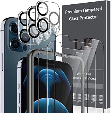 6 Pack LK 3pcs Screen Protector & 3pcs Camera Lens Protector Compatible with iPhone 12 Pro Max 6.7-inch, Tempered Glass, Easy Frame Installation, HD Ultra-Thin