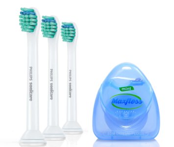 Value Pack: Philips Sonicare HX6023 Proresults Toothbrush Head Compact 3 Pack, and Maxfloss Dental Floss